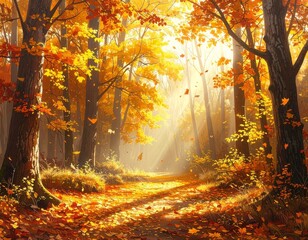 Autumn forest with golden leaves falling, sunlight streaming through trees