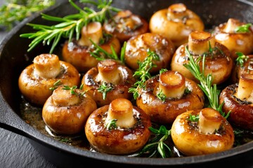 Fototapeta premium Roasted mushrooms with thyme and rosemary in cast iron pan