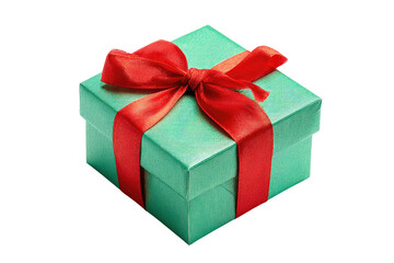 A mint green gift box, adorned with a vibrant red ribbon and bow, sits isolated against a black background.  It's a square box, displaying a smooth, slightly glossy surface