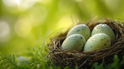 Obraz premium Ultra-detailed close-up of bird eggs in a nest, dewdrops glistening on the shells, shallow depth of field blurring the lush green background, serene and untouched nature