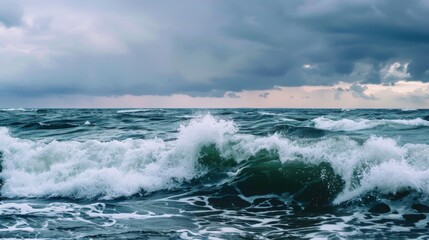 Naklejka premium Spectacular Seaview: Surging Azure Ocean Waves with White Foam & Water Splashes Under Clear Blue Sky—A Dynamic, Majestic Natural Scene of Sunlight, Fresh Sea Breeze & Vast Tranquility for Healing Vaca