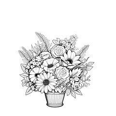 Detailed line art illustration of a flower arrangement in a pot.