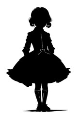 A little Victorian girl in a fluffy dress, a black silhouette on a white background, isolated.