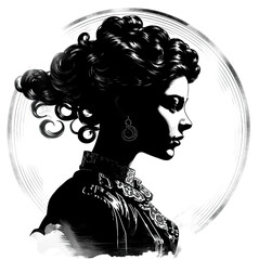 A black and white silhouette, a beautiful profile of a Victorian vintage young woman on a white background.