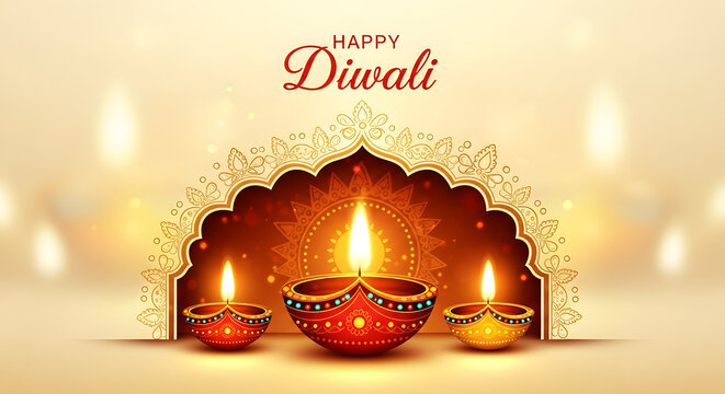Festive diwali illustration with illuminated oil lamps and ornate decorative arch on a beige backdrop