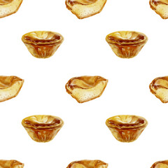Halved and whole pastel de nata with creamy custard-traditional Portuguese dessert in seamless pattern.Egg custard baked in puff pastry shell at high oven temperature.Watercolor illustration on white