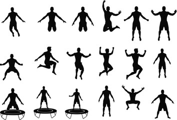 Silhouettes of men jumping on trampoline, active fitness exercise poses, motion body workout, high energy action