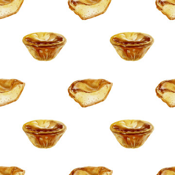 Halved and whole pastel de nata with creamy custard-traditional Portuguese dessert in seamless pattern.Egg custard baked in puff pastry shell at high oven temperature.Watercolor illustration on white