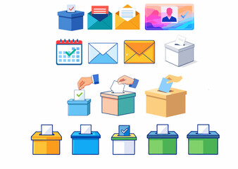 A collection of colorful vector icons representing the voting and election process. Includes ballot boxes, mail-in ballots, and voter identification symbols