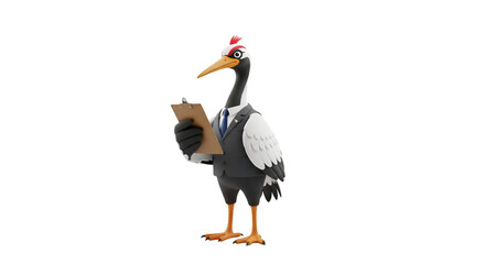 A cartoon crane, dressed in a business suit and Santa hat, holds a clipboard and pen, looking at it thoughtfully.