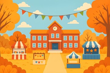 Fototapeta premium Cheerful Autumn School Festival with Carnival Booths and Decorations – Fall Event Cartoon Illustration