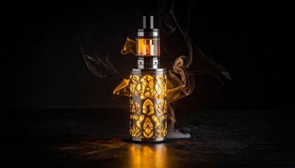 Intricate Vape Device with Smoke Against Dark Background