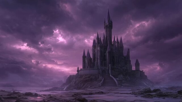 Gothic vampire castle surrounded by thunderstorm and bats