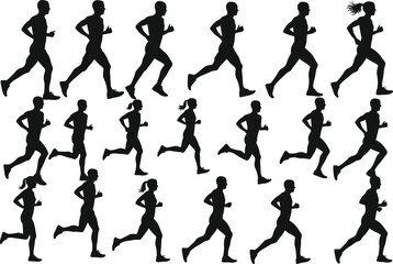 Silhouettes of people running in various poses, fitness exercise, jogging motion, athletic training, healthy lifestyle