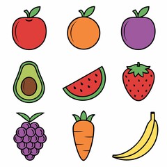 Vibrant Cartoon Fruits and Vegetables An Assortment of Healthy Choices Represented in Simple Colorful Illustrations Perfect for Educational Materials
