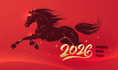 Red horizontal illustration of the Year of the Horse Happy New Year 2026