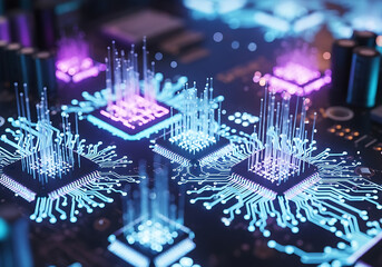 Close-up view of illuminated circuit boards with microchips and glowing connections.