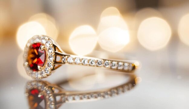 Close-up shot of a luxury gold ring featuring a large red gemstone at the center, surrounded by a halo of small sparkling diamonds
