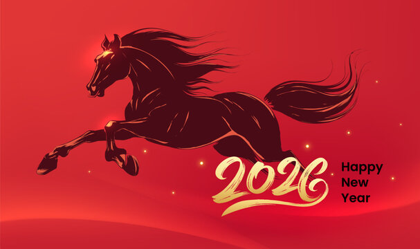 Red horizontal illustration of the Year of the Horse Happy New Year 2026