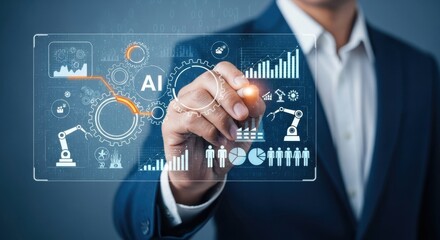 A businessman in a suit is interacting with a futuristic holographic interface displaying ai and data analytics