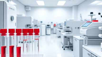 Medical laboratory in light tones, high automation of the research production process, modern gray-white analyzers, in the foreground medical test tubes with red caps and red liquid