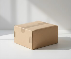 A plain cardboard box resting on a white surface, highlighting its neutral color and shape.