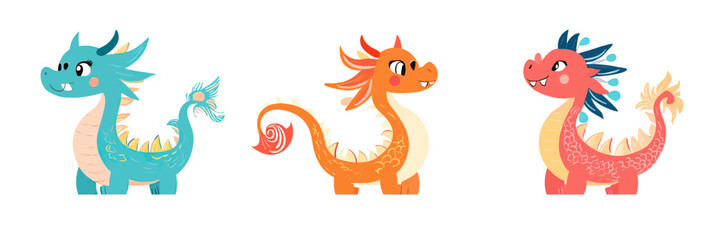 Set of three cute colorful cartoon dragons vector illustration with playful expressions in flat minimalist style isolated on white background for children design and celebration