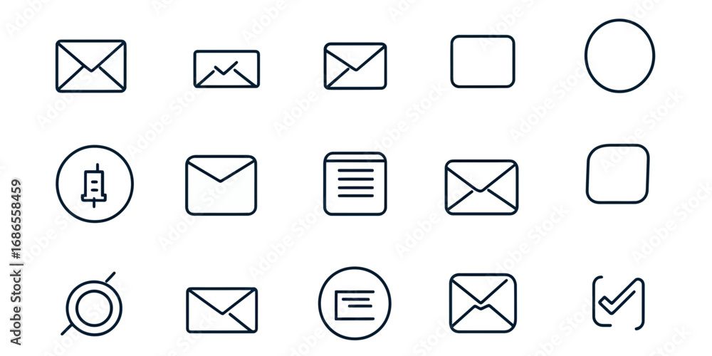 Poster minimalist line icons set featuring email envelopes, message symbols, interface elements, square and