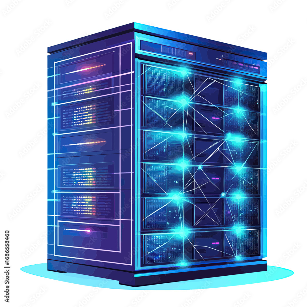 Poster 3d futuristic polygonal data server rack with glowing blue network connections and digital storage u