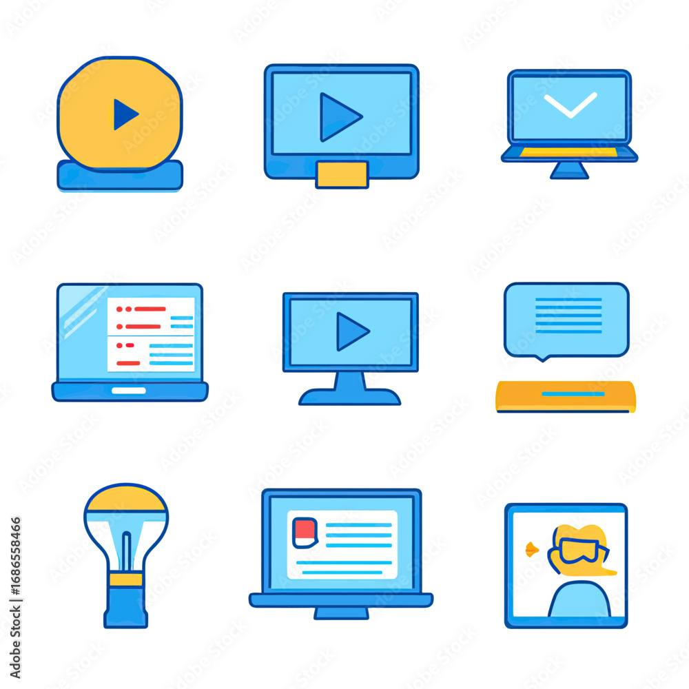 Poster flat minimalist vector icons set of online video play, streaming monitor, laptop coding, chat messag