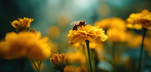 The bee pollinating beautiful yellow flowers in a vibrant garden scene.
