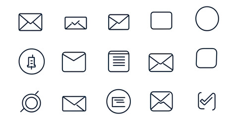Minimalist line icons set featuring email envelopes, message symbols, interface elements, square and circle shapes, editable stroke design for contact and communication concepts