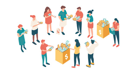 Group of diverse people donating coins and banknotes into large donation boxes for charity fundraising and financial support concept flat vector illustration