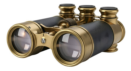 Vintage Brass Binoculars: Exploring Distant Views with Antique Optics, Stylish Design,  Transparent Background.