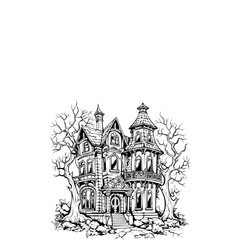 A haunted Victorian house illustration, surrounded by leafless trees.