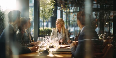 The professional woman leading a business discussion in a modern restaurant setting.