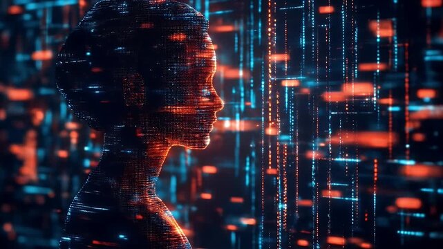 Neural network layers animation. Digital silhouette of a person against a vibrant data stream background