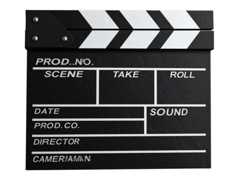 3D Rendered Movie Clapperboard in Side Perspective, Isolated PNG 