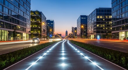 Fototapeta premium Illuminated urban thoroughfare at dusk enhances the modern city landscape offering a futuristic travel perspective