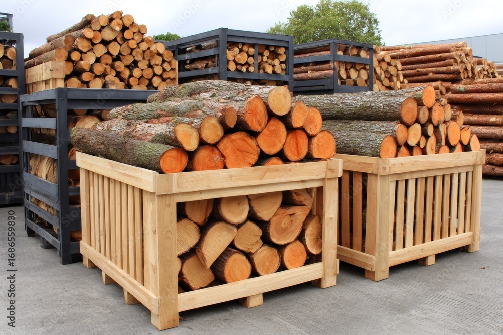 Poster stacks of firewood logs in crates waiting for delivery