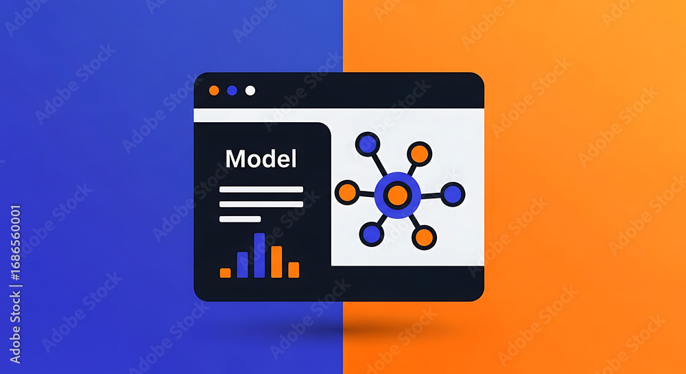 Aufkleber illustration of a model interface with graph, bars, and text on a split background color design