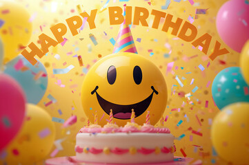 Happy Birthday celebration with smiley face balloon and cake  