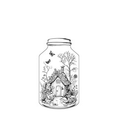 Enchanted fairy house nestled in a glass jar surrounded by flora and fauna.
