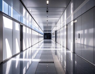 Sunlit corridor, sleek design, reflective floor