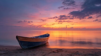 Fototapeta premium Peaceful sunrise or sunset on seashore with boat