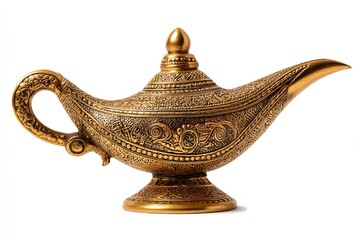 Fototapeta premium Aladdin's golden magic lamp, photographed against a white background, front view, in high resolution, Generative AI.
