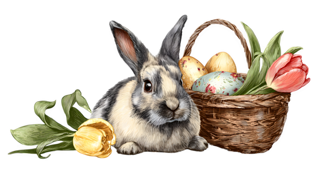 HD realistic hand-drawn style Easter rabbit with egg basket and tulips isolated on white