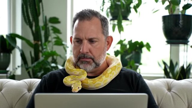 Work From Home:  A Man, a Snake, and a Laptop.  Humorous Stock Footage.