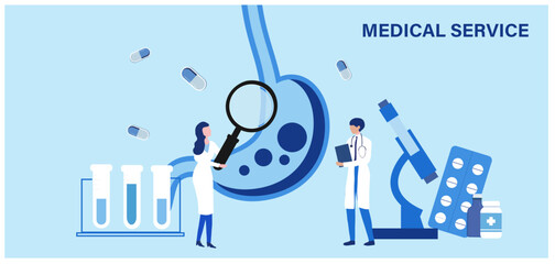 Doctor diagnosis patient gastritis ulcers and treat.  Digestive disorder causes heartburn pain and acid indigestion GERD gastroesophageal reflux acid stomach. Digestive disorder causes heartburn pain 