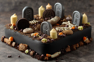 A spooky chocolate cake decorated with tombstones, candles, and candy treats.